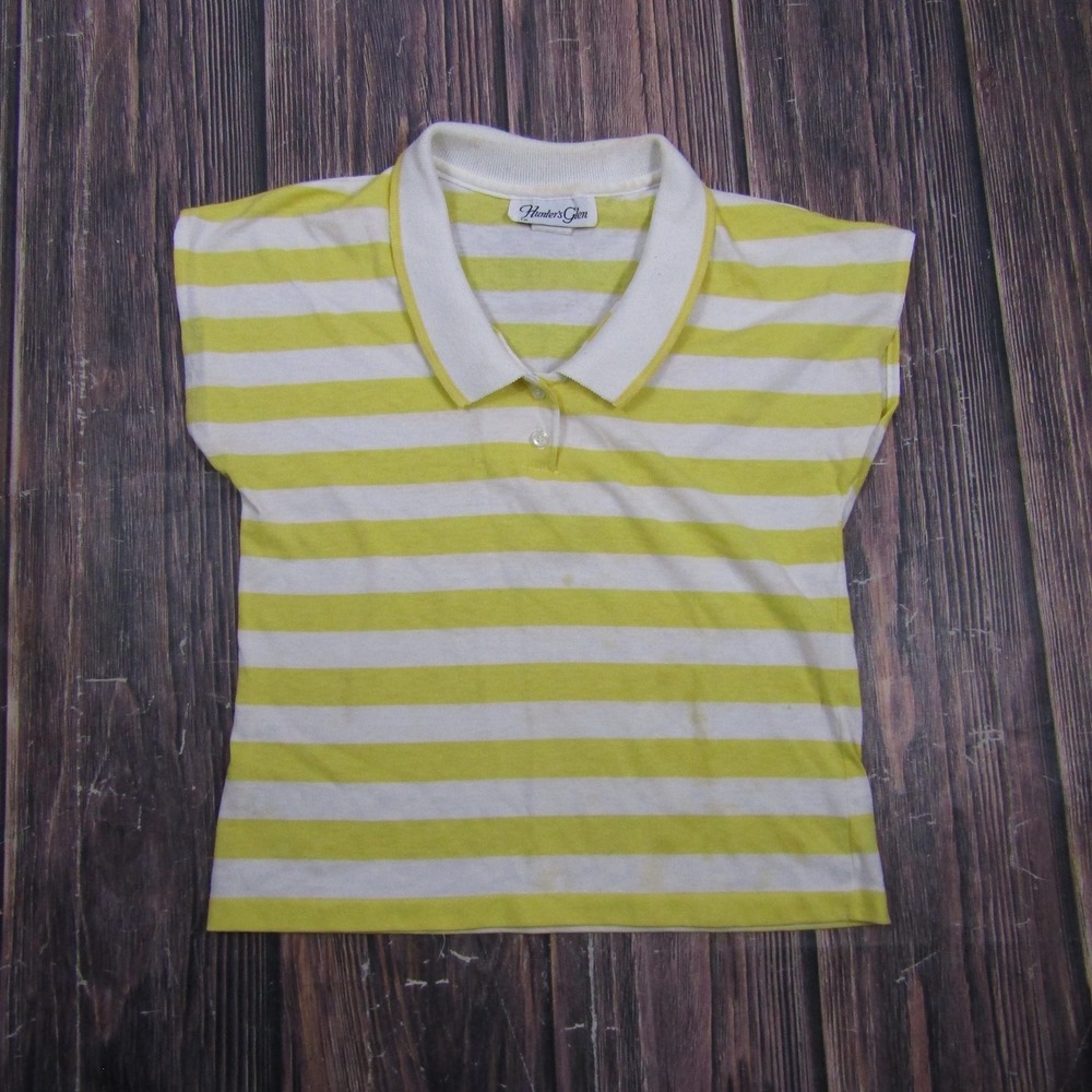 Hunter's Glen Womens Medium Yellow White Striped Polo Shirt Top Made USA Granny